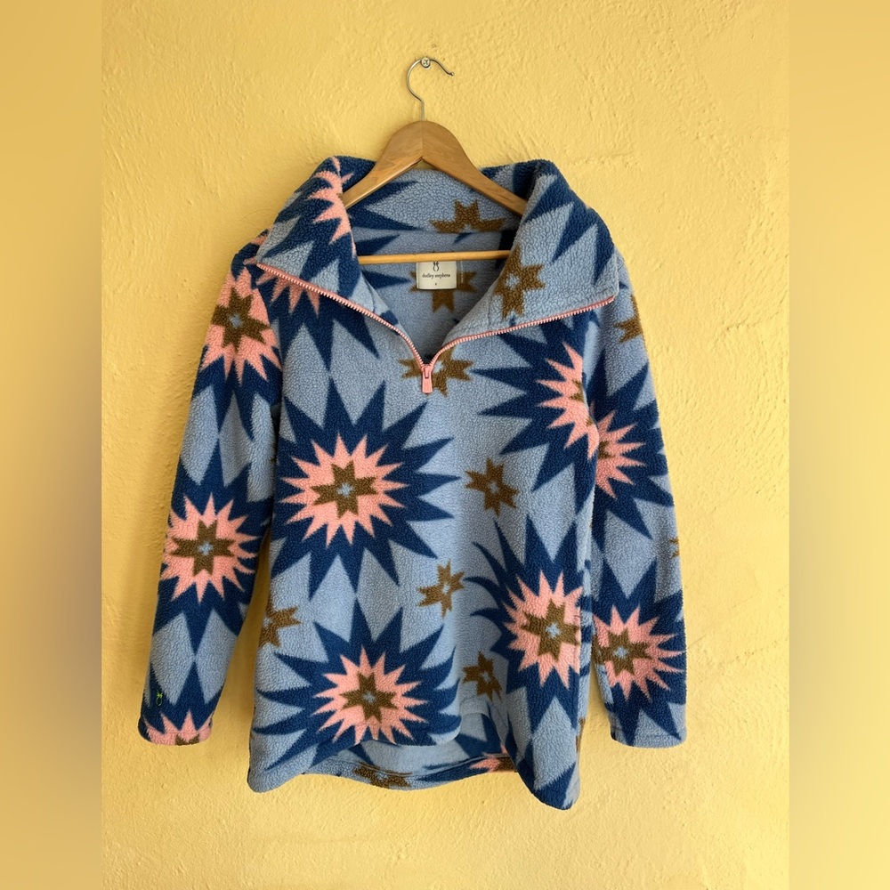 DUDLEY STEPHENS Fleece Half Zip Pullover Women S Blue Pink Americana Patchwork - Picture 2 of 10